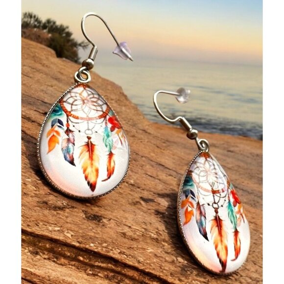 Native American Dreamcatcher Earrings New Teardrop Feathers Reservation … - Picture 2 of 12
